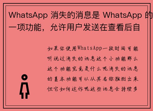 WhatsApp 消失的消息是 WhatsApp 的一项功能，允许用户发送在查看后自动删除的消息。这